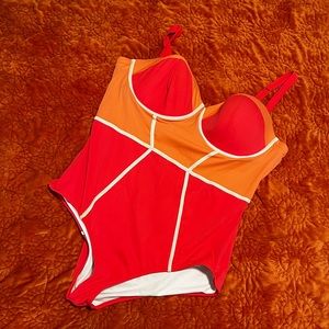 Two Tone Contrast Corset Piping Pink Swimsuit